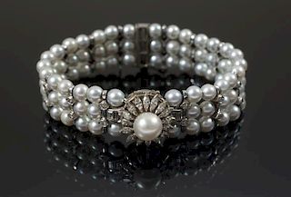 FLORENCE CAESAR CULTURED PEARL AND DIAMOND WATCH BRACELET