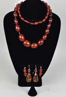 Amber Necklace & Two Pair 14K Gold Mount Earrings