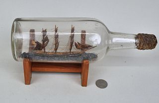American Ship in Bottle on Wood Stand
