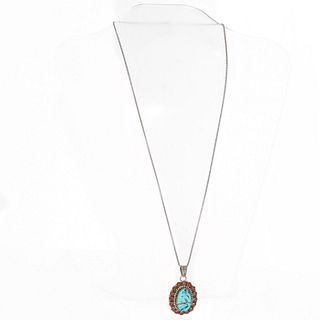 BEA TOM NAVAJO TURQUOISE AND RED CORAL PENDANT NECKLACE