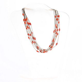 NATIVE AMERICAN LIQUID SILVER AND RED CORAL NECKLACE