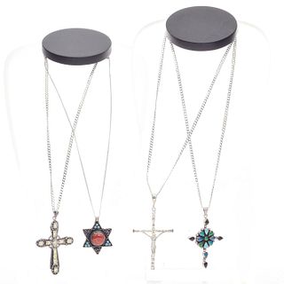 GROUP OF 4 925 SILVER PENDANT CROSS & STAR OF DAVID CHAINS