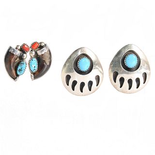 2 PAIRS, BEAR CLAW NATIVE AMERICAN STERLING SILVER EARRINGS