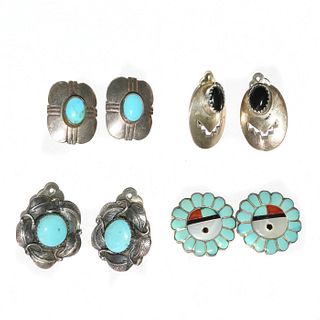 4 PAIRS, CLIP ON NATIVE AMERICAN STERLING SILVER EARRINGS