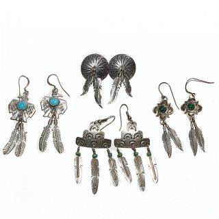 4 PAIRS, NATIVE AMERICAN STYLE STERLING SILVER EARRINGS