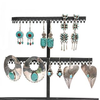 6 PAIRS, NATIVE AMERICAN SILVER W. TURQUOISE EARRINGS