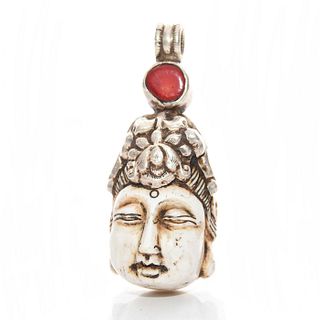 TIBET SILVER AND CARVED STONE BUDDHA PENDANT