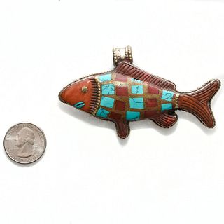 RED CORAL, TURQUOISE, AND SILVER FISH PENDANT