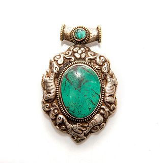 TIBETAN EMBOSSED SILVER WITH TURQUOISE NECKLACE PENDANT