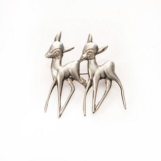 VINTAGE 800 SILVER PENDANT BROOCH PIN, TWO DEER FAWNS