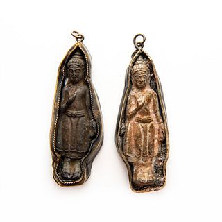 PAIR, SILVER AND CARVED STONE BUDDHA NECKLACE PENDANTS