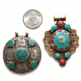 PAIR, TIBETAN SILVER WITH INSET TURQUOISE PENDANTS