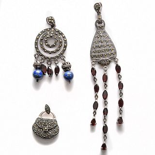 3 ART DECO STERLING SILVER AND MARCASITE PENDANTS