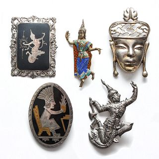 GROUP OF 5 925 SILVER PENDANT PINS, ALLEGORICAL THEMES