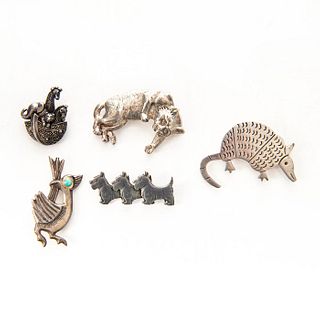 GROUP OF 5 925 SILVER PENDANT PINS, ANIMAL THEMES
