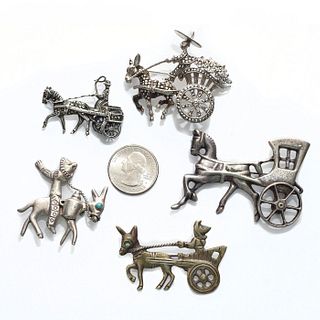 GROUP OF 5 925 SILVER PENDANT PINS, RIDER & BUGGY THEMES
