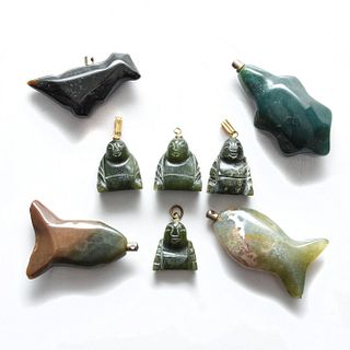 8 NECKLACE PENDANTS, CARVED STONE BUDDHAS, ANIMALS