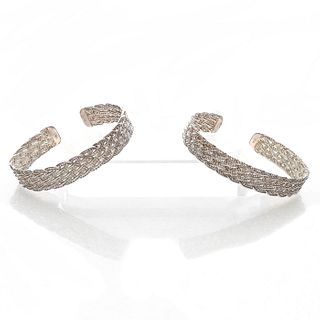 PAIR OF 925 SILVER CUFF BANGLE BRACELETS, DESIGNS BY FMC