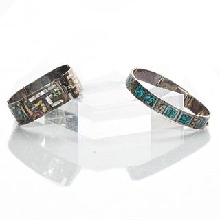 PAIR, MEXICAN STERLING SILVER INLAID LINK BRACELETS