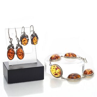 VINTAGE BALTIC AMBER SILVER BRACELET AND EARRINGS