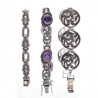 3 MARCASITE STYLED BRACELETS WITH RETICULATED DESIGN