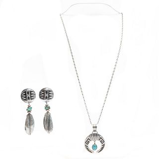 NATIVE AMERICAN STYLE SILVER EARRINGS, NECKLACE