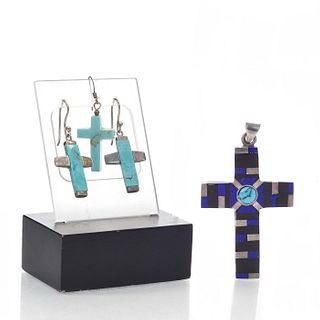 TURQUOISE CRUCIFIX PENDENT AND 3 EARRINGS