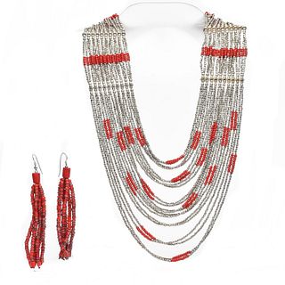 VINTAGE TRIBAL CORAL STYLED NECKLACE AND EARRING SET