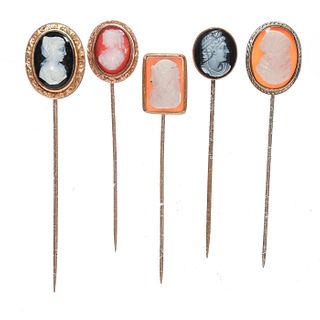 GROUP OF FIVE VICTORIAN JEWELRY GARNET CAMEO STICK PINS