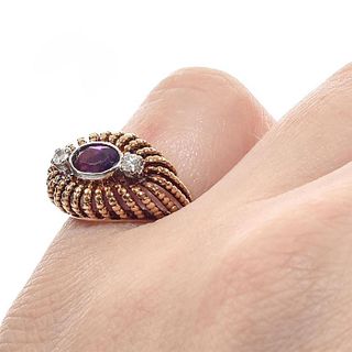 14 KARAT ROSE GOLD RING WITH DIAMONDS AND AMETHYST
