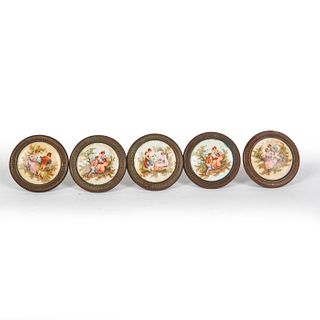 5 BRONZE AND PORCELAIN DRAWER PULL KNOBS