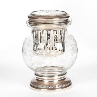 STERLING SILVER AND ETCHED GLASS VOTIVE CANDLE HOLDER