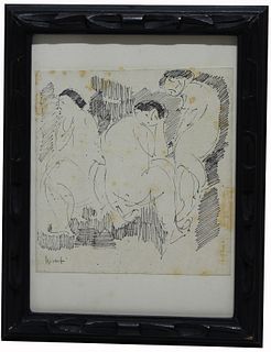 Signed, Drawing of Three Nude Women