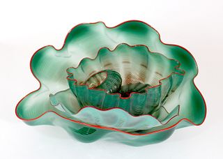 Green Seaform with Oxblood Lip Wrap (5 Pieces) by Dale Chihuly