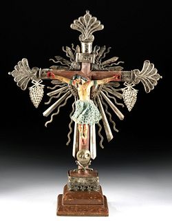 19th C. Philippino Painted Wood Crucifix w/ Silver