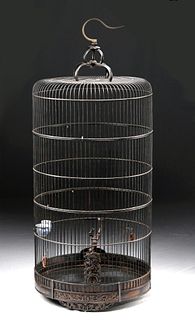 19th C. Chinese Bamboo Bird Cage - Porcelain Dishes