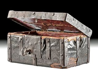 16th C. German / Italian Wood Strongbox, Iron Strips