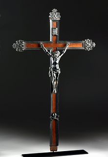 Impressive 19th C. European Wood / Silver Crucifix
