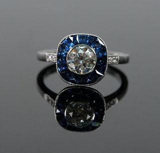 Vintage Style Platinum Diamond & Sapphire Ring