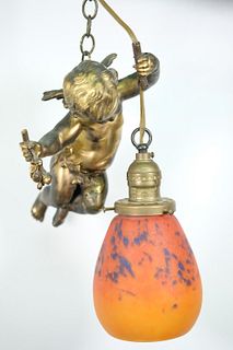 Gilt Bronze & Art Glass Figural Hanging Light