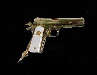 18K YG 925 Anniversary 1911 Pistol Gun Pendant