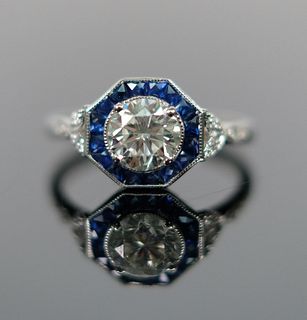 Platinum Octagonal Diamond & Sapphire Ring