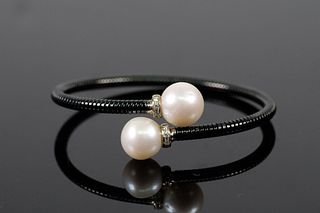 Italian 18K Gold Cuff Bracelet w/Pearls & Diamonds
