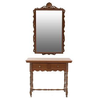 Mesa consola con espejo. SXX. En talla de madera. Con cubierta rectangular, 2 cajones con tiradores de metal dorado. 110 x 67 x 4 cm.
