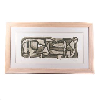 Gabriel Macotela. Composición abstracta. Aguatinta y buril sobre papel algodón, P/T. Firmada y fechada 2002. Enmarcada. 67 x 31 cm.