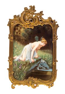Signed German Hand Painted Porcelain Plaque of Nymph