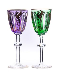 Two Moser cut to clear goblets with gold enameling