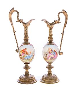 Pair French Bronze Porcelain Ewers with courting scenes