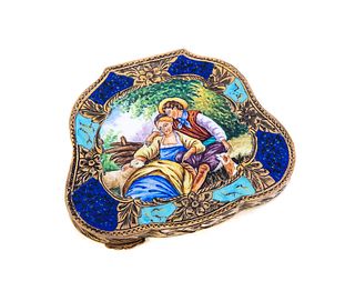 Enameled 800 silver box Romantic courting Scene Compact