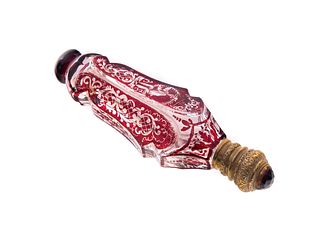 Ruby cut to clear scent bottle with scene engraved